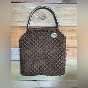 Vintage 70s Macrame Purse Handbag Boho Hippie Lined Bag Wood Handles Brown